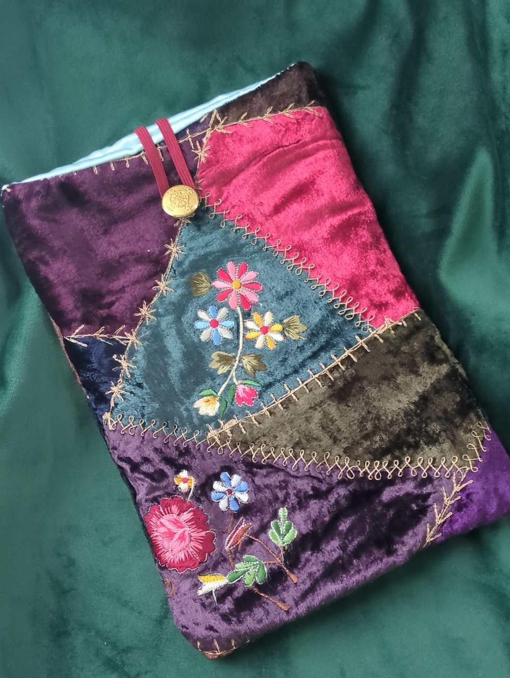 Handmade Vintage Crazy Quilt Velvet Book Sleeve Floral Embroidered OOAK